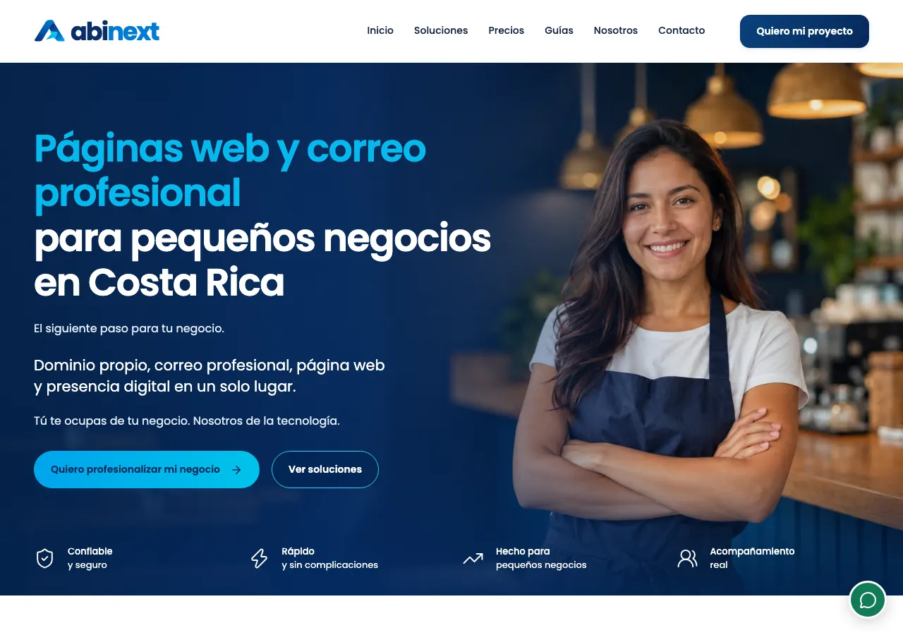 Vista de escritorio de abinext.com con hero de páginas web y correo profesional
