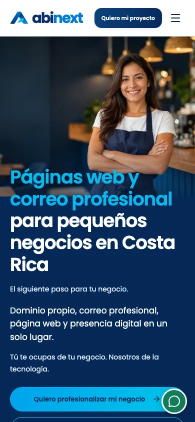Vista móvil de abinext.com con navegación responsive y llamada a la acción