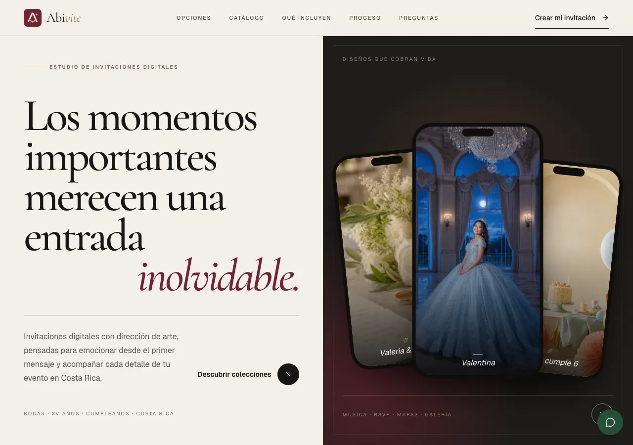 Vista de escritorio de abivite.com con colecciones de invitaciones digitales