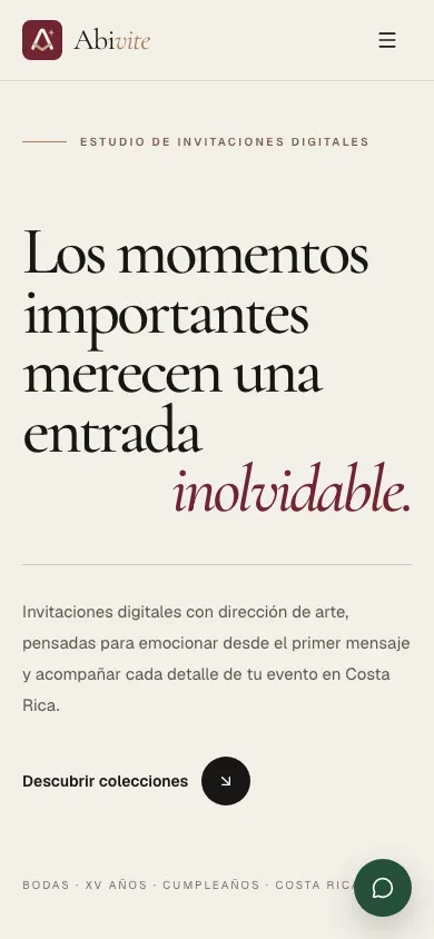 Vista móvil de abivite.com con invitaciones digitales y botón de catálogo