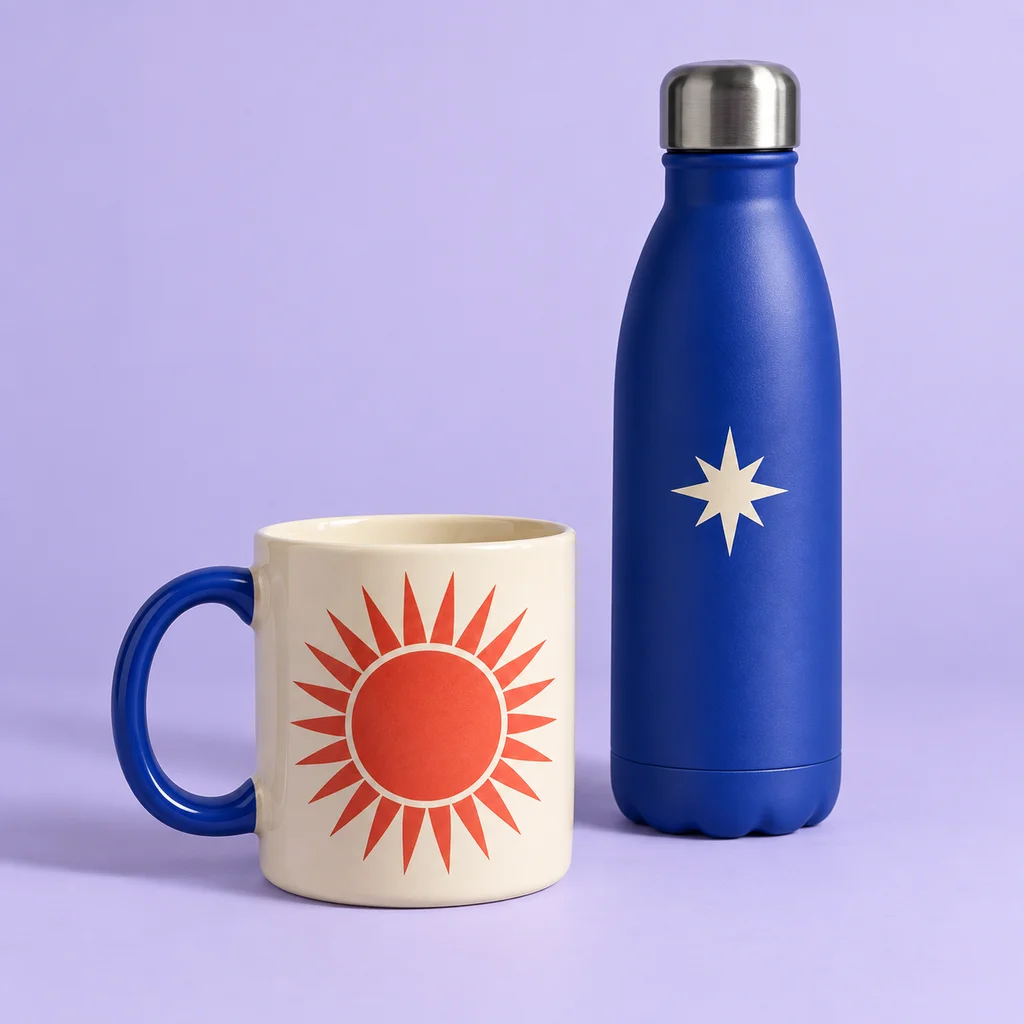 Taza con estampado de sol y termo azul con una estrella