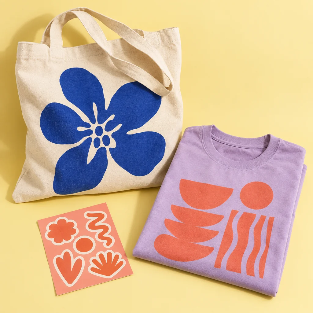 Bolsa de tela estampada y camiseta lila personalizada