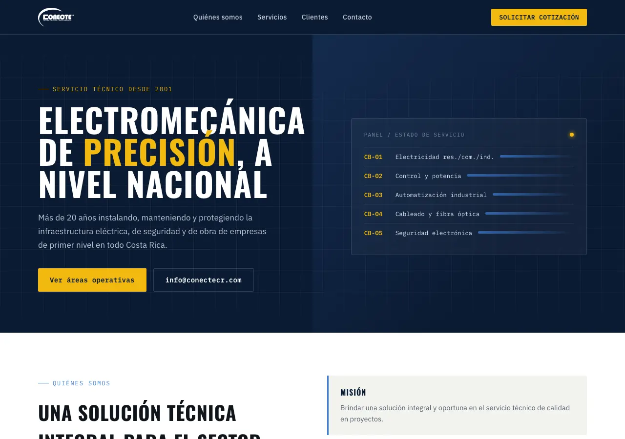 Vista de escritorio de conectecr.com con servicios electromecánicos