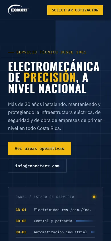 Vista móvil de conectecr.com con hero de electromecánica y cotización